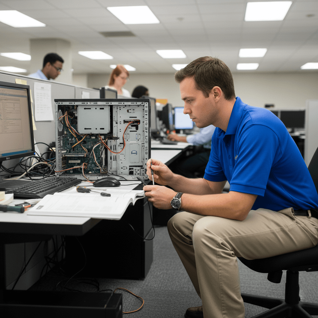 Technician in a blue polo working inside an open desktop tower (stock image, to be replaced)